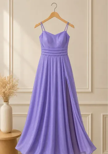 Vestido Longo Lilás com Brilho e Fenda - Tam. M