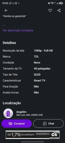 TV TCL SMART QLED 40 POLEGADAS / $ 1250 / 2 MESES DE USO COM NOTA FISCAL.