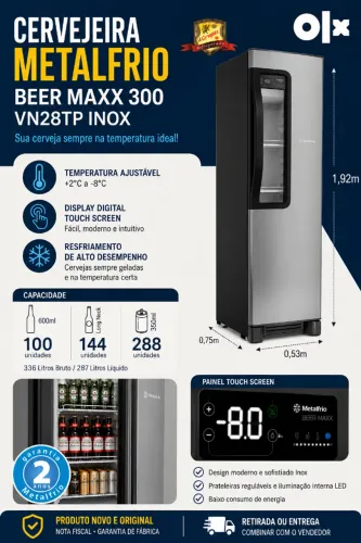 Cervejeira Metalfrio Beer Maxx 300 VN28TP Inox Slim - 300L | Nova | Nota Fiscal | Garantia