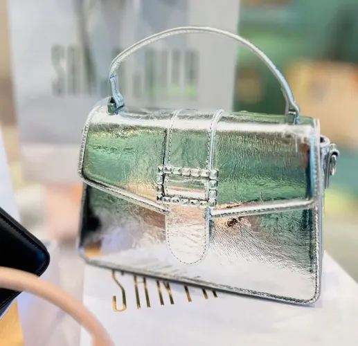 bolsa pequena prata metalizado crinkle fivela brilho