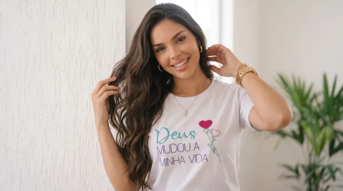 T-shirt feminina branca cristã P " Deus mudou a minha vida "