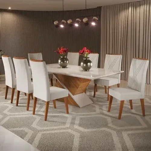 Mesa de Jantar com 8 Cadeiras Modernas Brancas e Tampo em Vidro