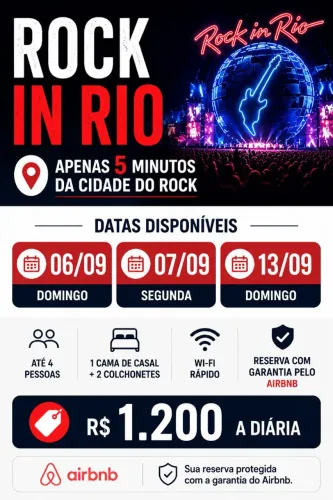 ROCK IN RIO 5 min. Apto novo, moderno e mobiliado para até 4 pessoas.