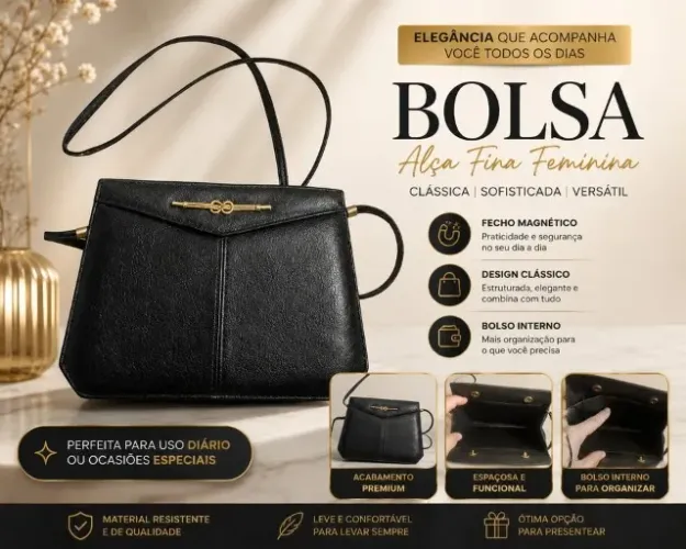 Bolsa de alça fina feminina preta clássica -- estruturada, fecho magnético, bolso interno