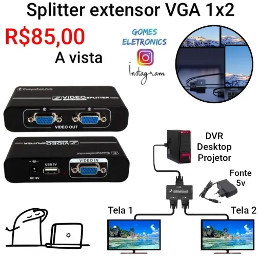 Splitter VGA 1x2 - duplicação de tela para computador Notebook Projetor DVR (Loja fisica)