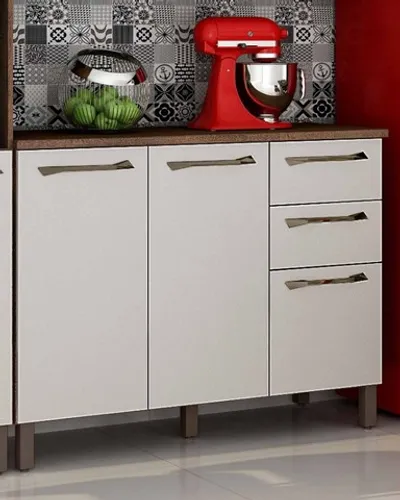 Balcão Cozinha Jade 3 Portas Castanho.Off White Até 12x - Frete Grátis