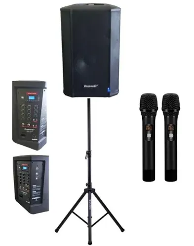 Caixa som profissional bluetooth recarregável + 2 microfones sem fio + tripe em alumínio 