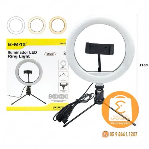 Ring Light 8 Polegadas 20cm com Mini Tripé e Suporte Celular BM-L02