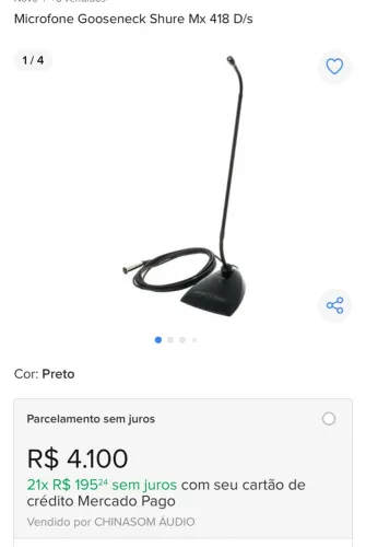 Microfone Gooseneck Shure Mx 418 D/s