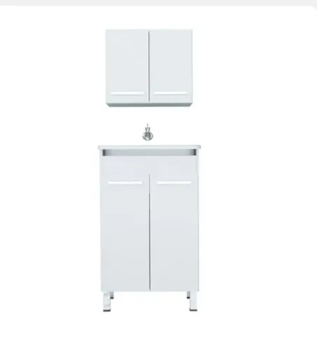 CONJUNTO GABINETE PARA LAVANDERIA COM TANQUE SINTÉTICO E ARMARIO SUPERIOR CEROCHA BRANCO 