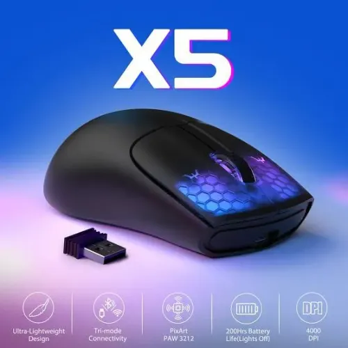 Mouse Gamer ATTACK SHARK X5 - TriMode, RGB Fixo, Sensor 3212 - PRETO