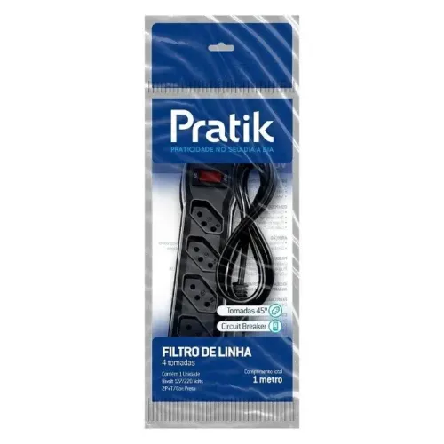 Filtro de Linha Pratik 4 Tomadas 3x0,75mm 10A Cabo 1M SM Preto