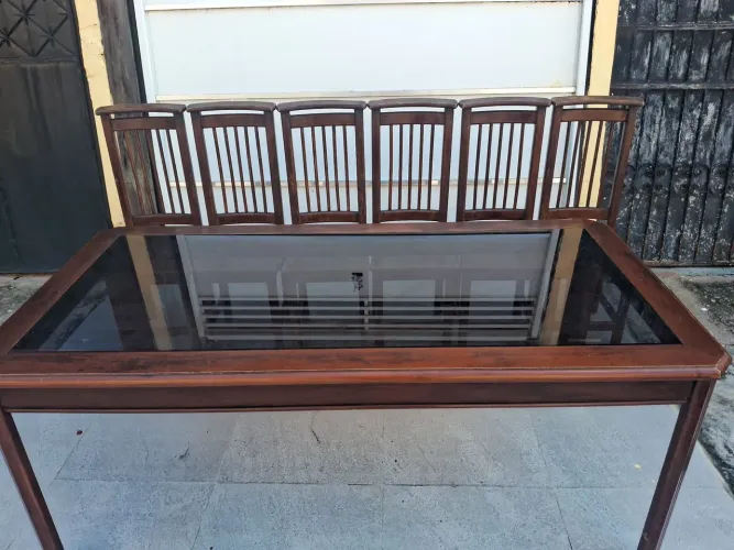 Mesa Jantar 6 Lugares Madeira Maciça Angelim Pedra Tampo Vidro Fumê - Ponta Negra