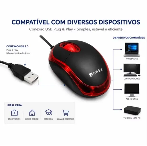 Mouse USB Óptico 1200 DPI com Fio para PC Notebook - 3 Botões