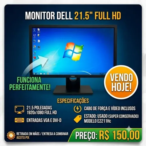 Monitor Dell 21.5" Full HD (Modelo E2211Hc) ? Perfeito Estado!