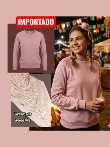 BLUSA MOLETON MANGA COMPRIDA BORDADA - ROSÉ