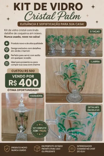 Kit de Vidro Decorado com Coqueiros - 7 Peças Novo
