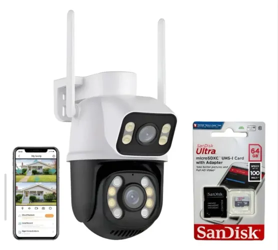 Câmera Segurança Lente Dupla Wi-Fi Inteligente + Cartão SD 64Gb