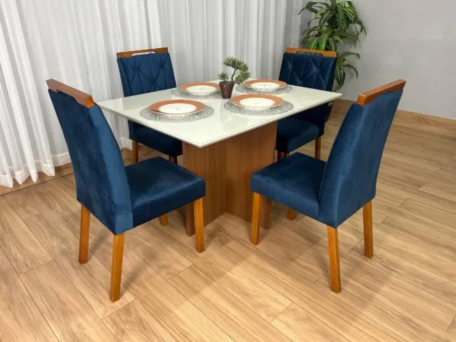 Mesa de Jantar 120x90 com 4 Lugares Veludo Azul