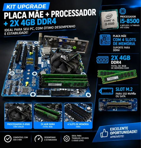 Kit Placa mãe 4 slot de ram e slot para m2 + i5-8500 + 2x 4gb DDR4