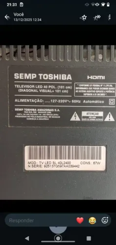 TV SEMP TOSHIBA TV LED SL 40L2400. <br><br>CONS