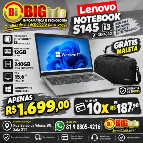 Notebook Lenovo i3 8ª Geração | 12GB | SSD 240 GB | Tela 15.6 - Em ate 10x Fixas