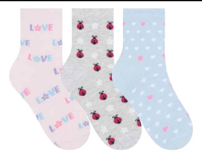 Kit 3 Pares de Meia Feminina Joaninhas, Love e Corações