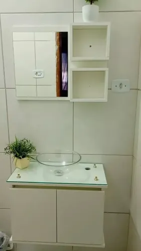 Kit COMPLETO Gabinete com VIDRO TEMPERADO e Espelheira E Cuba de Acrílico Banheiro Armário