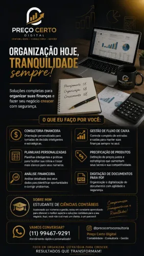 Consultoria financeira, fluxo de caixa, precificação e digitalização.