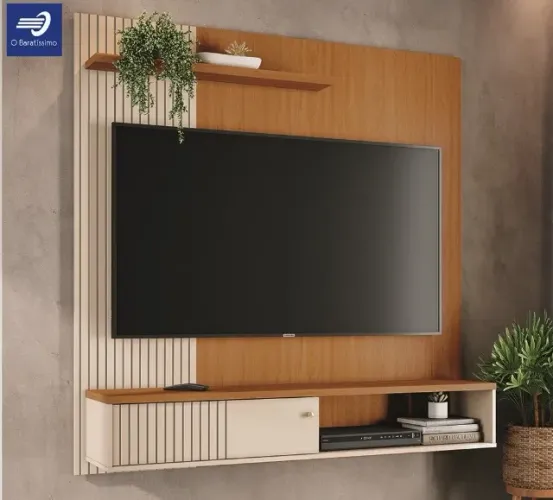 Painel para TV até 65" com Porta de Correr e Detalhes Ripados