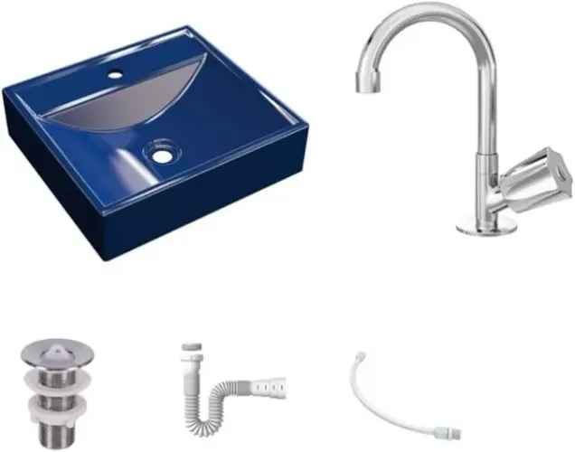 Kit Cuba Q39 C/Torneira C50 e Válvula 1'' ABS + Sifão Pvc + Flexível Azul Escuro