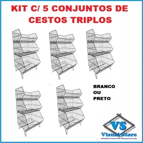 Cesto Triplo Container c/ 3 Cestos Aramados - Kit c/ 5 Conjuntos Branco ou Preto