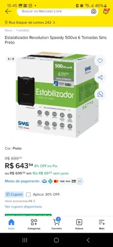 Estabilizador Revolution Speedy 500va 6 Tomadas Sms<br>Preto