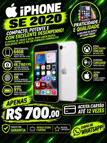 IPHONE SE 2 2020 4G , 64GB , 4K 2160 FPS - só traseira tampa trincadinha