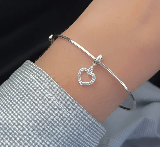 Bracelete de Prata italiana com berloque coração cravejado