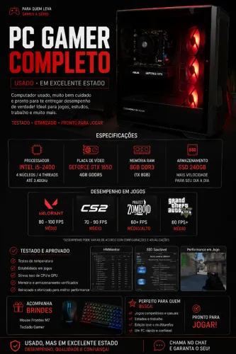 PC Gamer GTX 1650 + SSD + i5 | Pronto para Jogar