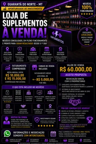 ? Loja de Suplementos Consolidada à Venda | Estoque Incluso | R$ 60.000,00