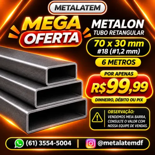 Tubo Metalon Retangular 70x30mm chapa #18 (#1,2mm) 6m