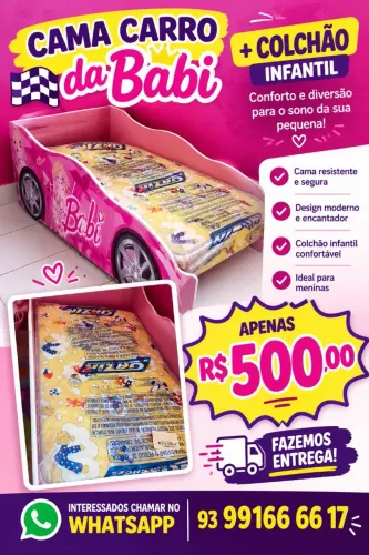 Berço Cama Infantil Carrinho Rosa + Colchão