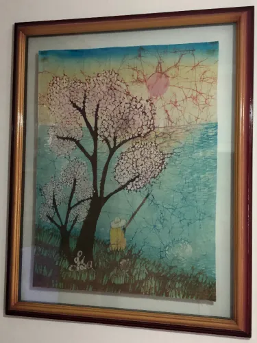 Quadro Pintura Batik Original Tecido Peça Exclusiva 76x62cm
