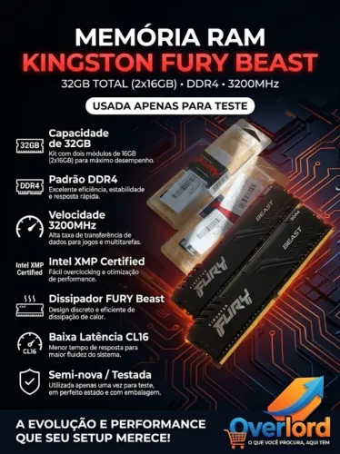 Kit Memória RAM Kingston Fury Beast 32GB (2x16GB) DDR4 3200MHz (USADA UMA VEZ PARA TESTE)