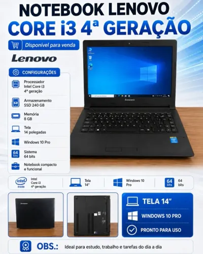 Notebook Lenovo Core i3 4ª Geração 8GB RAM SSD 240GB Tela 14