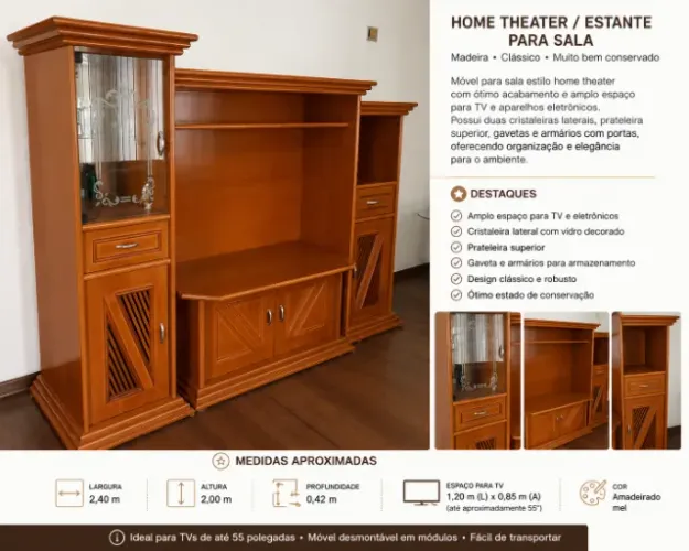 Home Theater em Madeira com Cristaleiras e Rack para TV