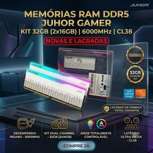 Memórias RAM DDR5 Juhor Gamer 32GB (2x16GB) 6000MHZ CL38 ARGB - NOVAS E LACRADAS