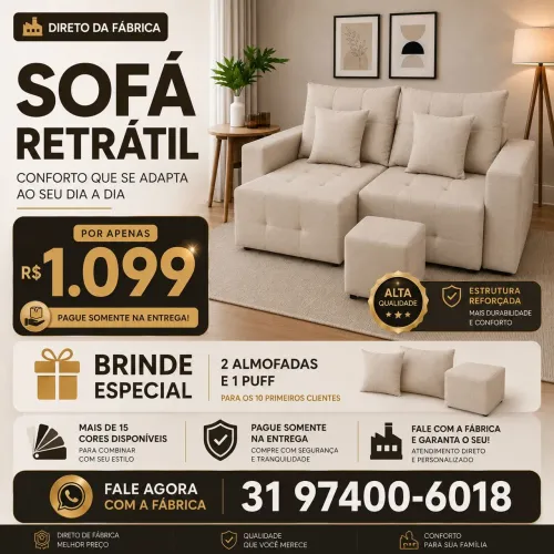 Sofa Retrátil com puff e almofadas de brinde