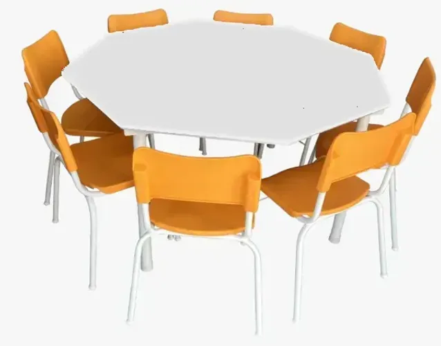 Conjunto Escolar Octogonal Infantil Tampo cor Branco e Cadeiras Coloridas