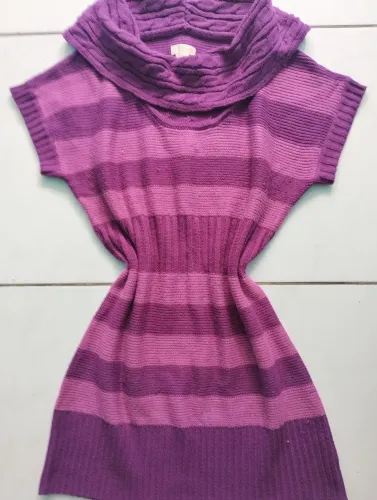 Vestido Tricot Listrado Manga Curta Roxo