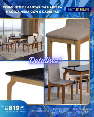 Conj. de jantar em madeira maciça c/ tampo em vidro 