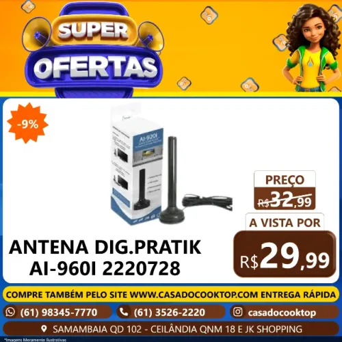 Antena Tv Digital Interna, Sinal Hd, Fácil Instalação, PRATIK AI-960I 2220728