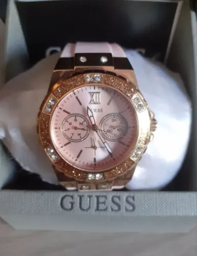 Relógio Guess Dourado Feminino Pedras Stress Silicone - Original<br>